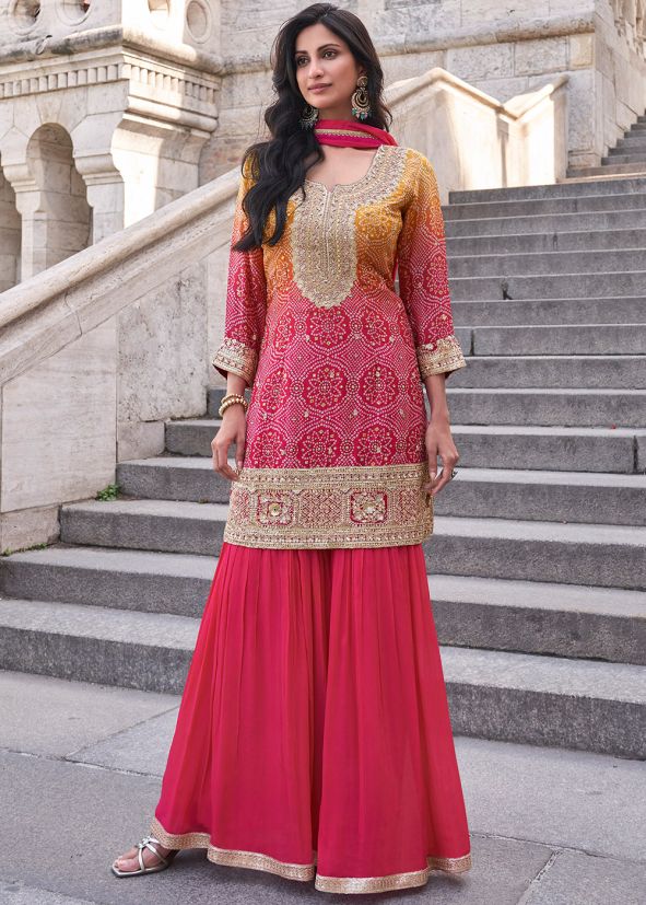 Shaded Pink Readymade Bandhej Print Sharara Suit Set