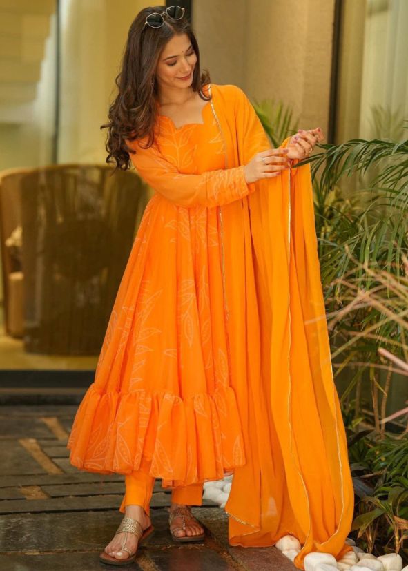 Yellow Printed Readymade Anarkali Suit