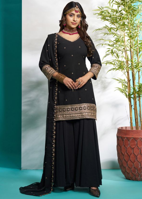 Readymade Black Embroidered Palazzo Suit Set
