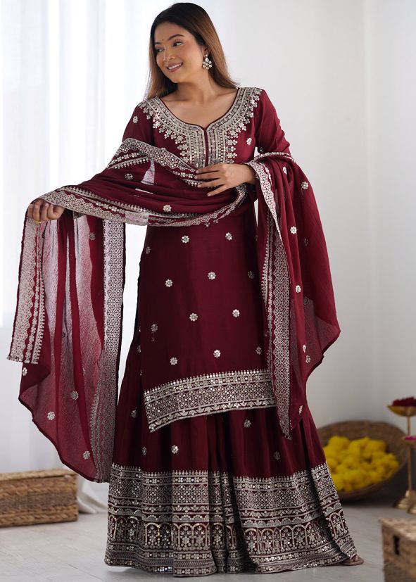 Readymade Maroon Embroidered Chiffon Sharara Suit