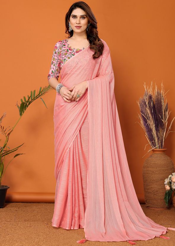 Peach Plain Saree In Art Silk