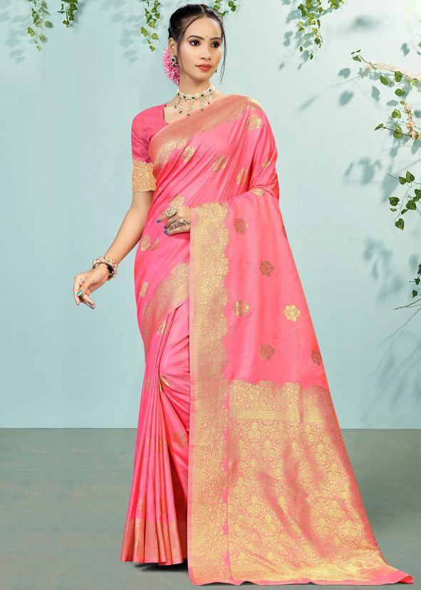 Peach Zari Work Saree In Art Silk