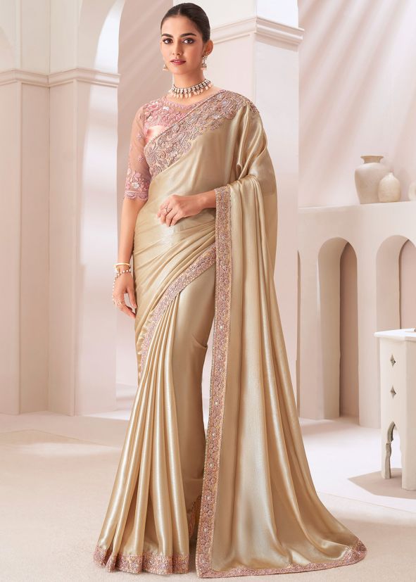 Golden Sequins Embroidered Saree In Chiffon