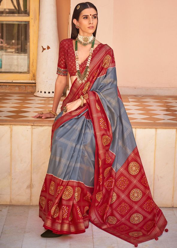 Grey & Red Patola Print Saree In Silk