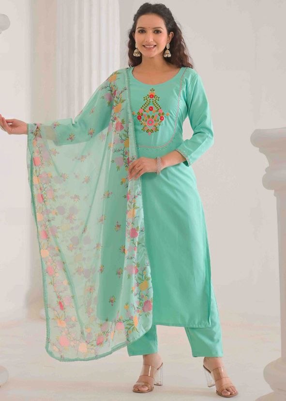 Turquoise Readymade Embroidered Pant Suit