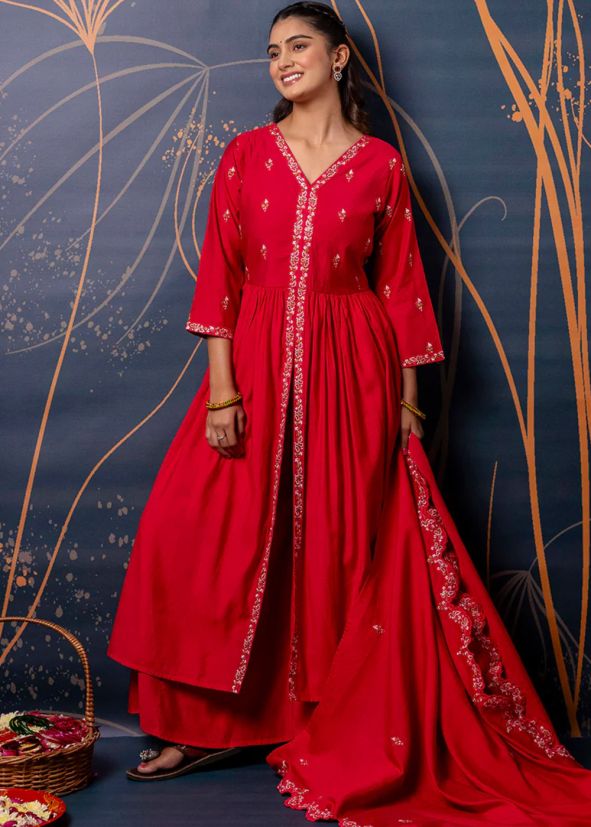 Red Embroidered Slit Style Salwar Suit Set