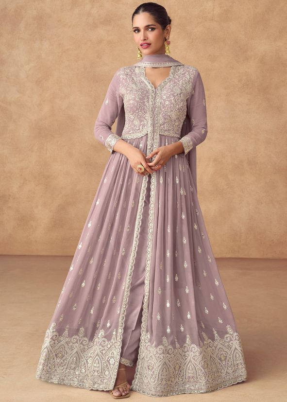 Readymade Purple Embroidered Slitted Pant Suit