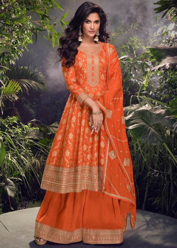 Orange Embroidered Salwar Suit Set In Viscose