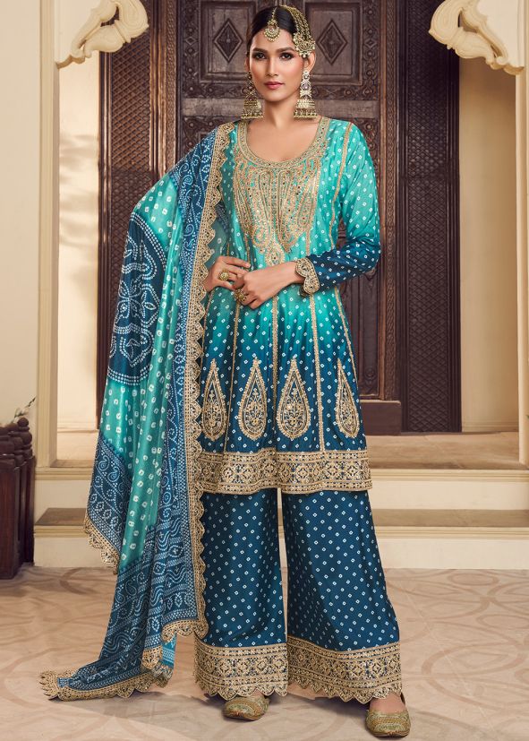 Readymade Shaded Blue Bandhej Print Palazzo Suit Set