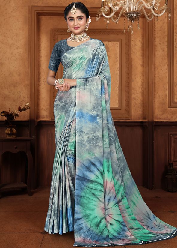 Multicolored Tie-Dye Print Saree In Crape