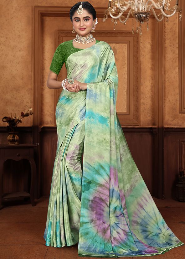 Multicolored Tie-Dye Print Saree In Crape