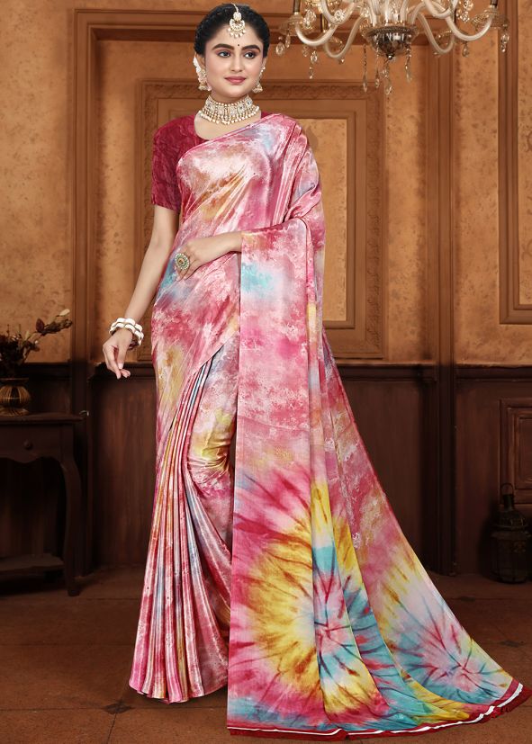 Multicolored Tie-Dye Print Saree In Crape