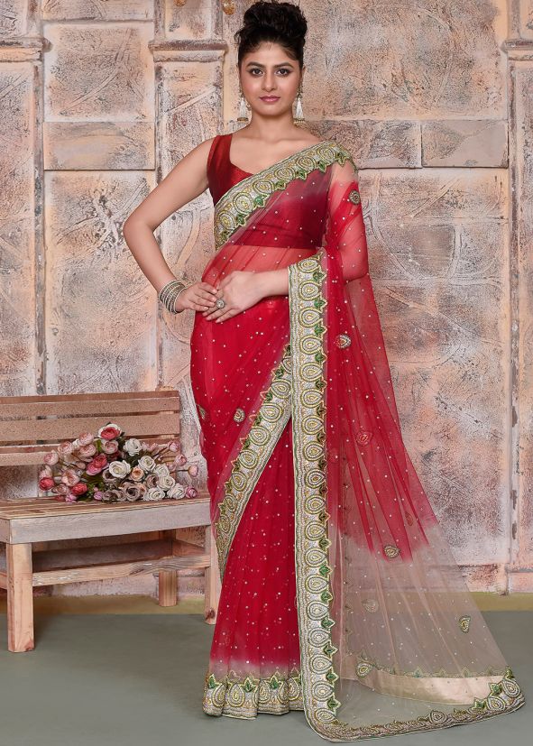 Pink Handwork Saree In Net
