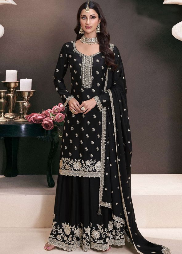  Black Chiffon Embroidered Palazzo Suit Set