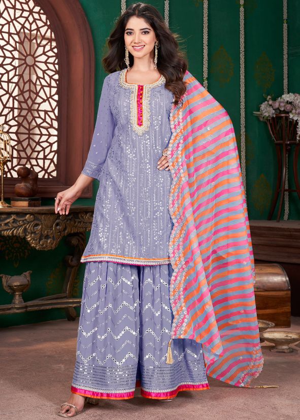 Lavender Readymade Embroidered Gharara Suit