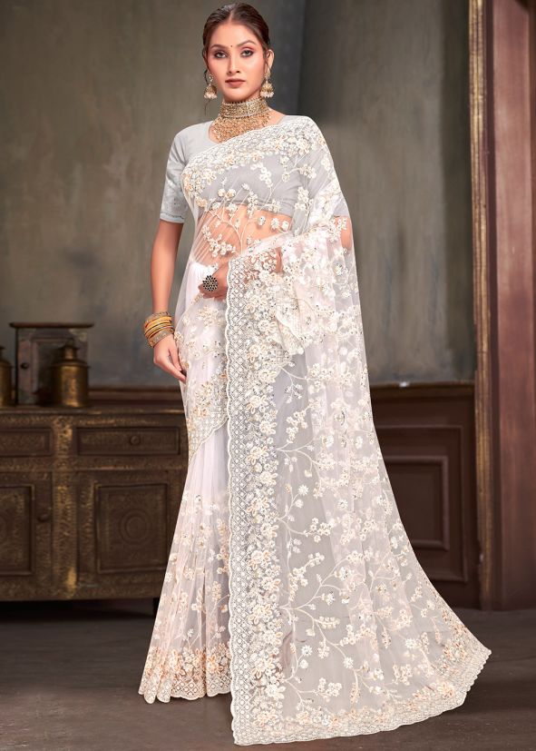 White Resham Work Saree In Net