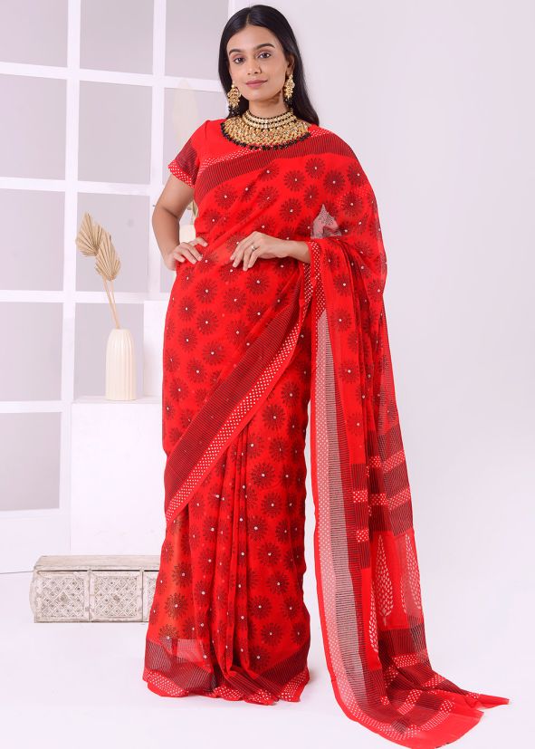 Red Georgette Saree In Print