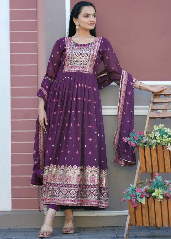 Readymade Purple Embroidered Anarkali Suit