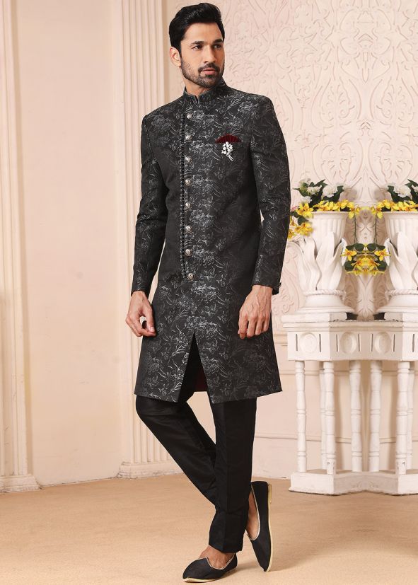Asymmetric Grey Readymade Sherwani With Woven Work