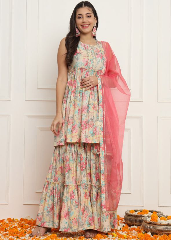 Multicolor Floral Print Gharara Salwar Suit Set