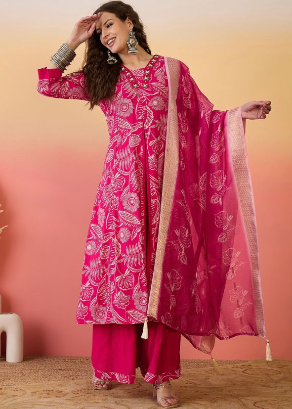 Readymade Pink Printed Palazzo Suit In Art Silk