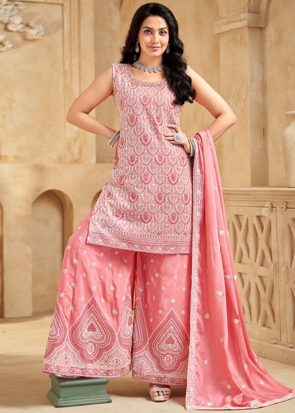 Readymade Peach Embroidered Chiffon Palazzo Suit