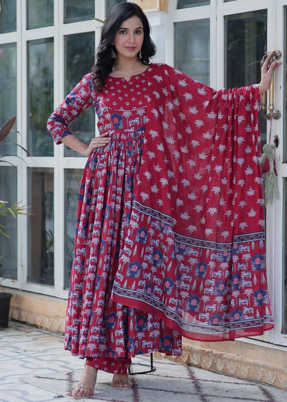 Readymade Maroon Printed Anarkali Suit