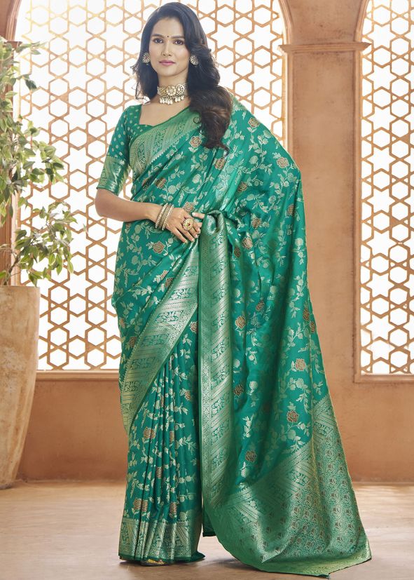 Green Zari Woven Saree In Banarasi Silk