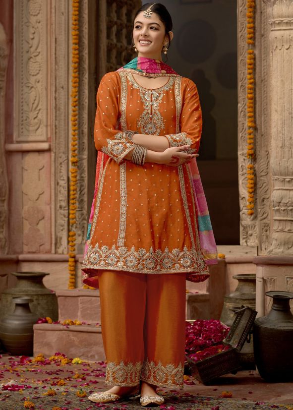 Readymade Orange Embroidered Palazzo Suit In Chiffon