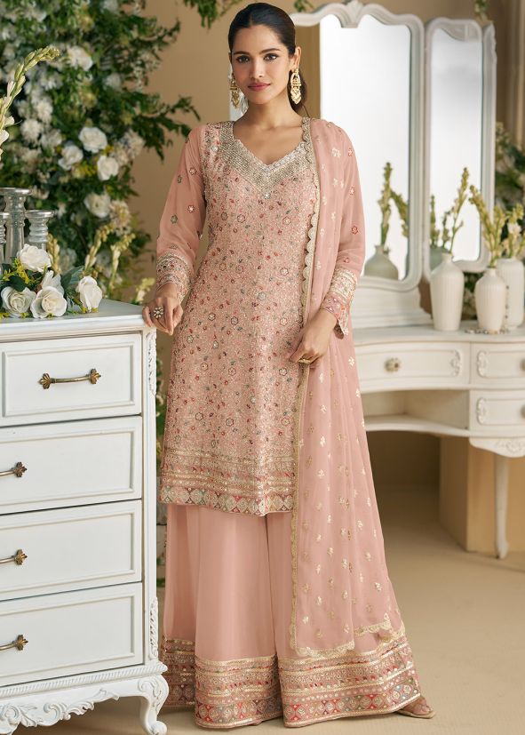Pink Embellished Full Sleeved Palazzo Suit