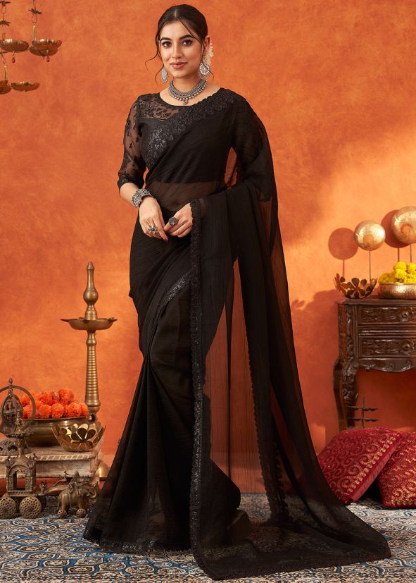Black Thread Embroidered Saree In Organza