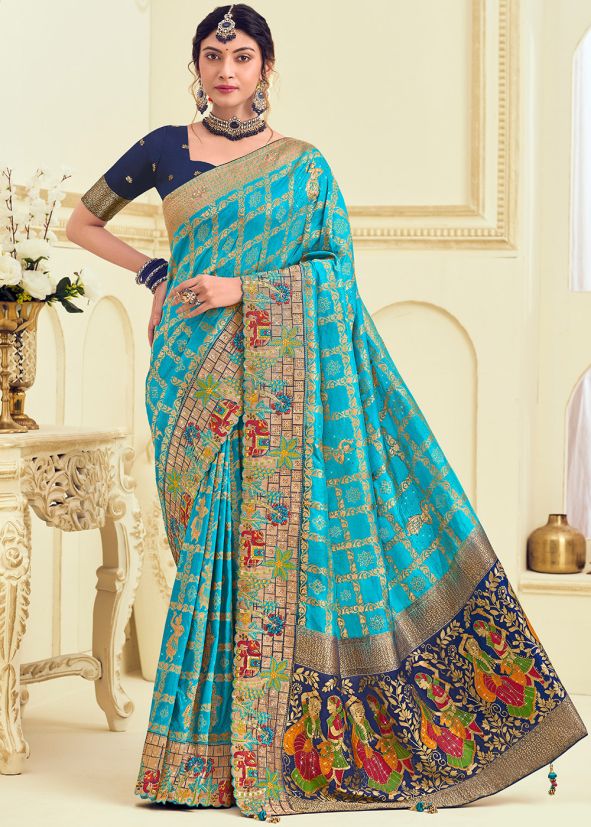 Turquoise Embroidered Saree In Silk