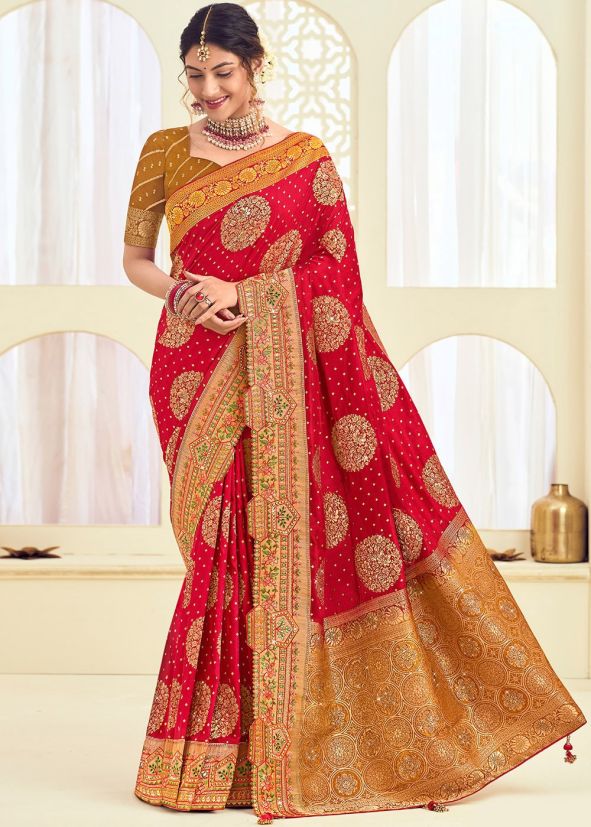 Red Silk Saree In Zari Woven Work