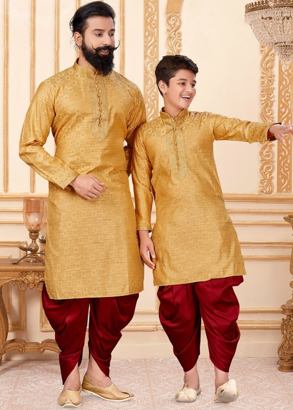Yellow Father & Son Readymade Dhoti Kurta Set