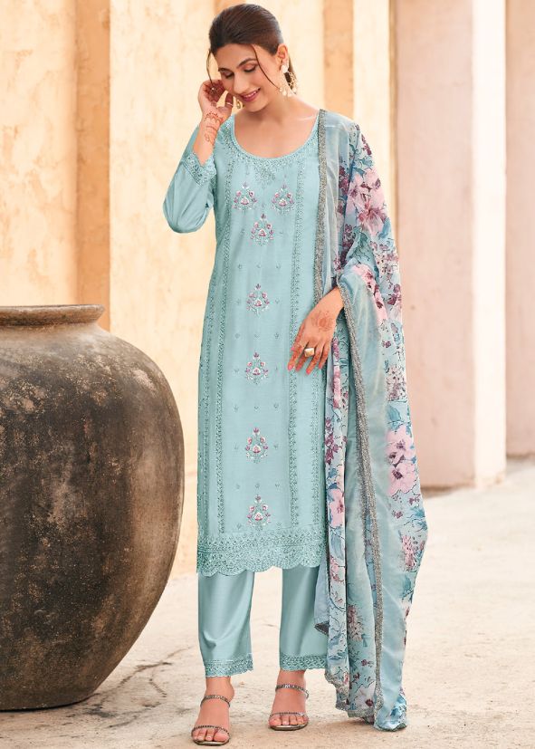 Blue Embroidered Round Neck Pant Suit