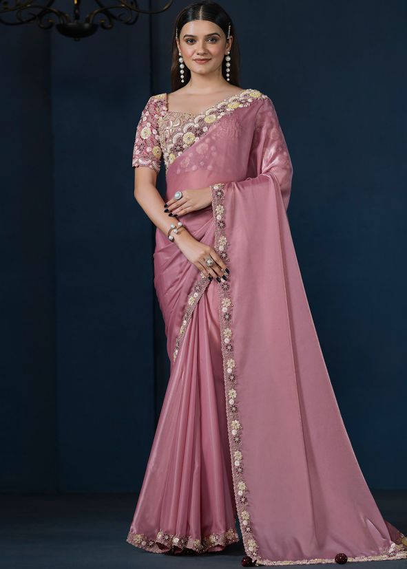 Pink Embroidered Saree In Satin
