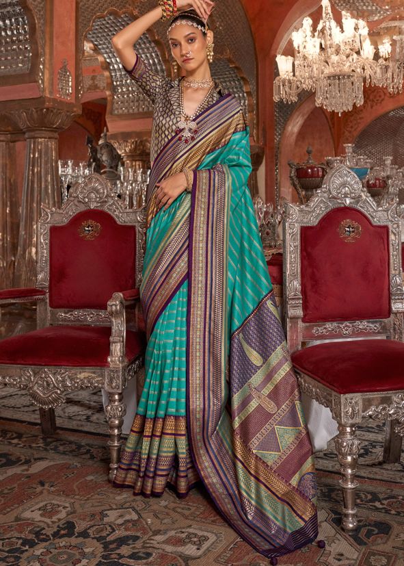 Turquoise Art Silk Saree In Woven Work