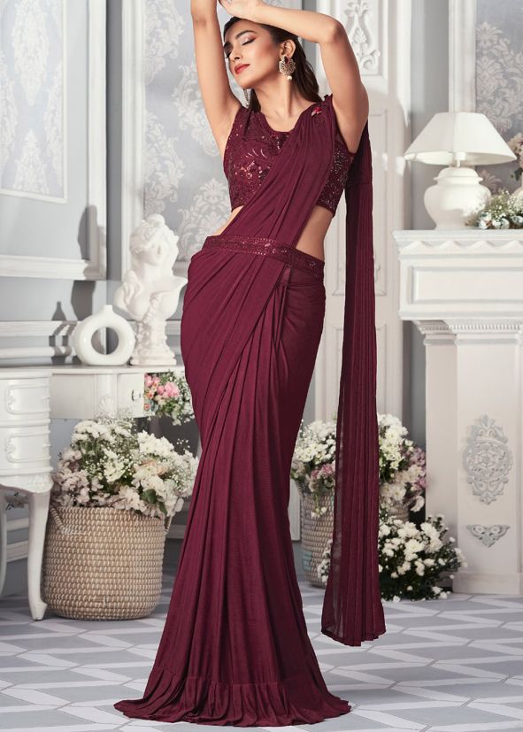 Maroon Lycra Embroidered Ruffle Saree