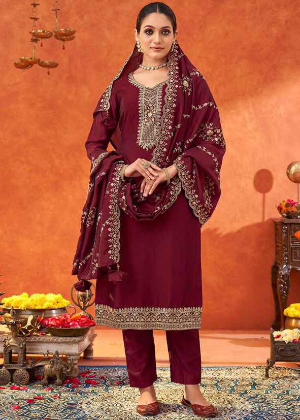 Wine Readymade Embroidered Pant Suit