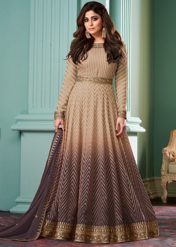 Shamita Shetty Shaded Beige & Grey Embroidered Anarkali Suit