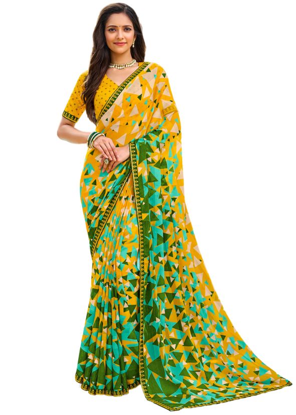 Yellow Digital Printed Chiffon Saree