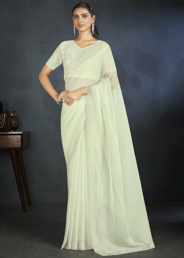 White Sequins Embroidered Saree In Organza