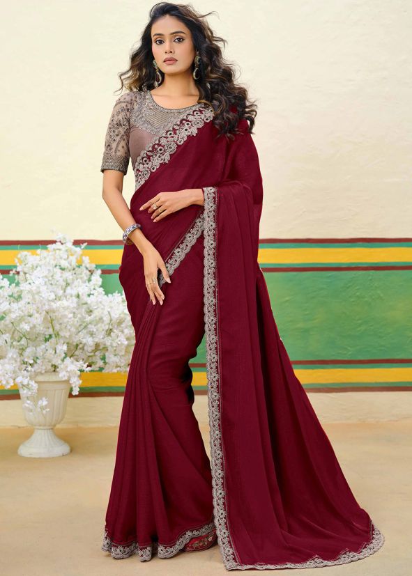 Maroon Shimmer Saree With Embroidered Border