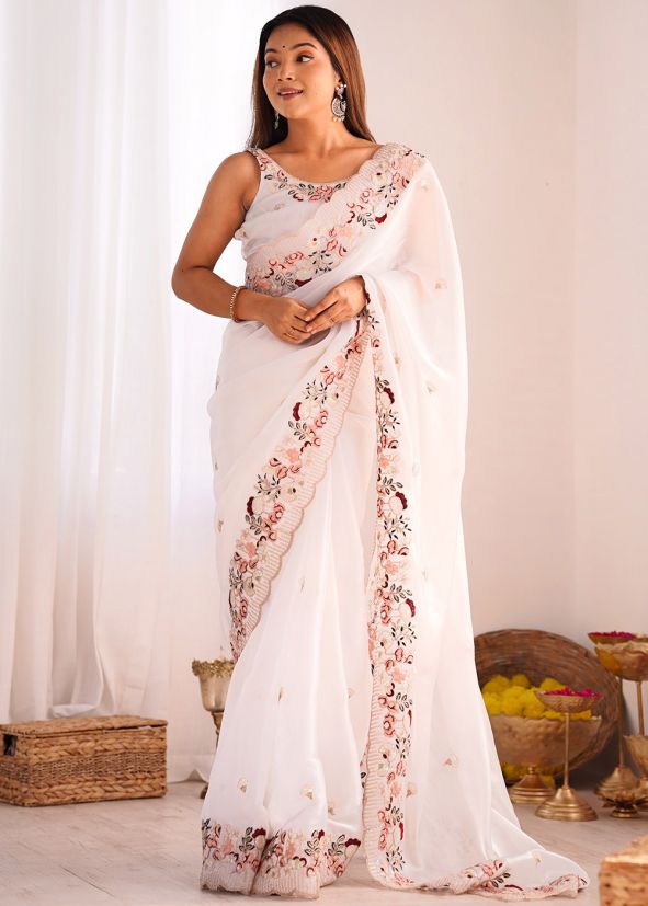 White Dori Embroidered Organza Saree