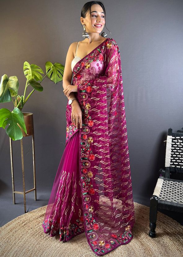 Magenta Embroidered Saree In Net