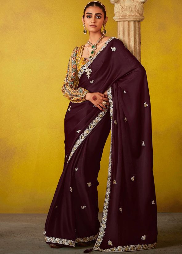 Brown Embroidered Saree In Silk