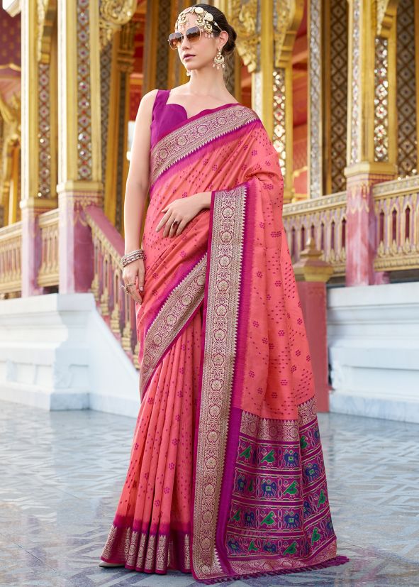 Dark Peach Bandhej Print Saree In Tussar Silk
