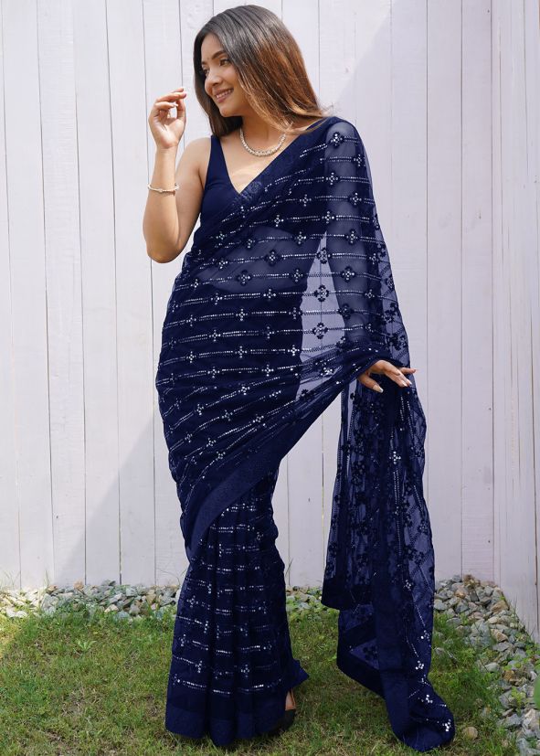 Blue Sequins Work Sare In Net