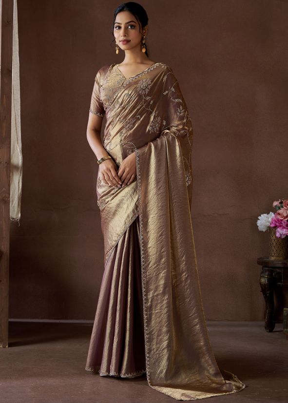 Mauve Pink Silk Saree In Stone Work