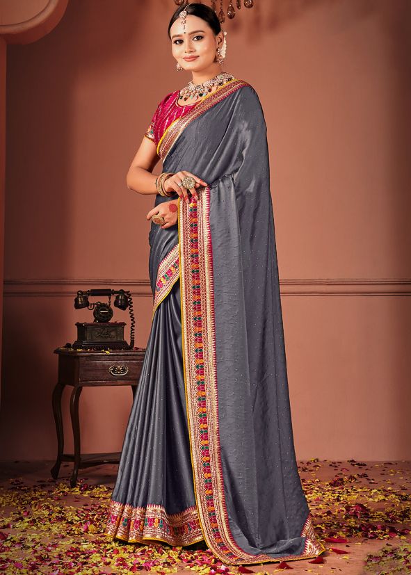 Art Silk Embroidered Grey Saree